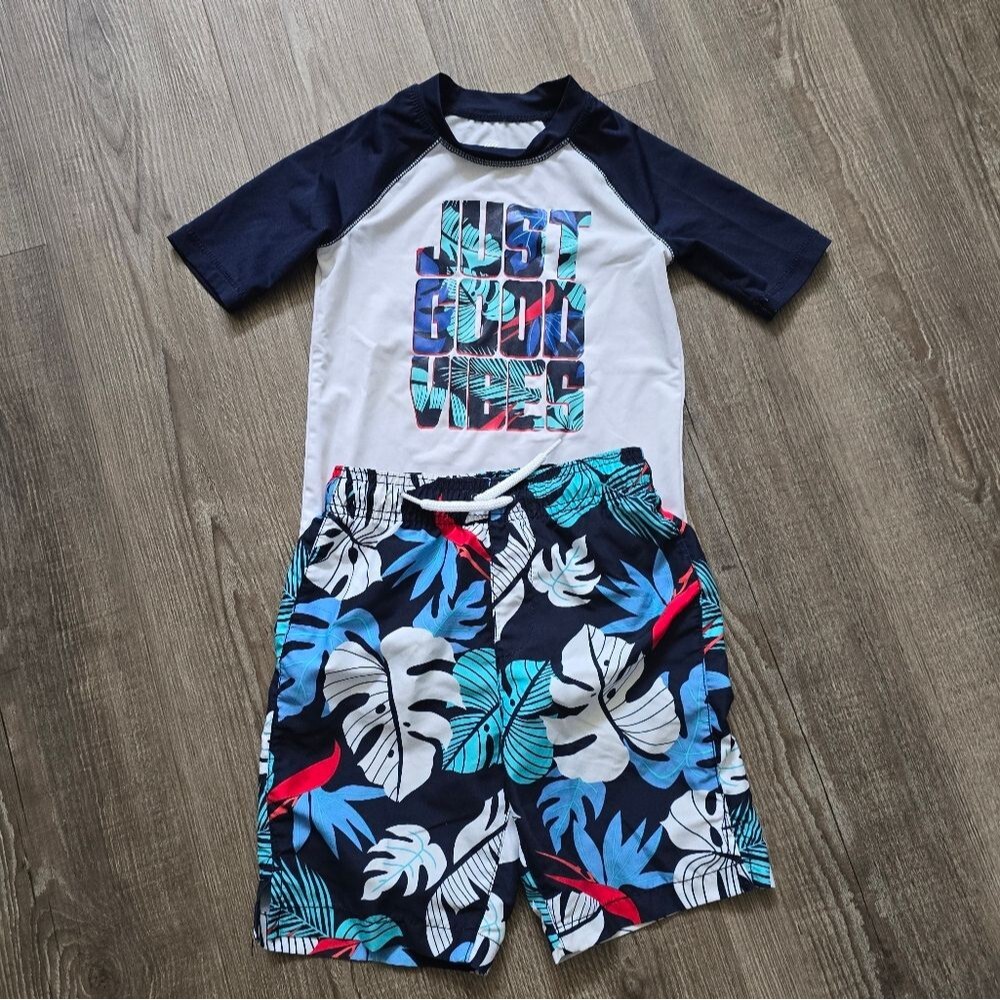 Place sport swim trunks and rash guard sun shirt size 5t